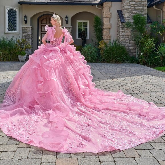 New Pink Dazzling Rhinestones Embellished Ruffled Quinceanera Tulle Gown GL3804 - Picture 14 of 14